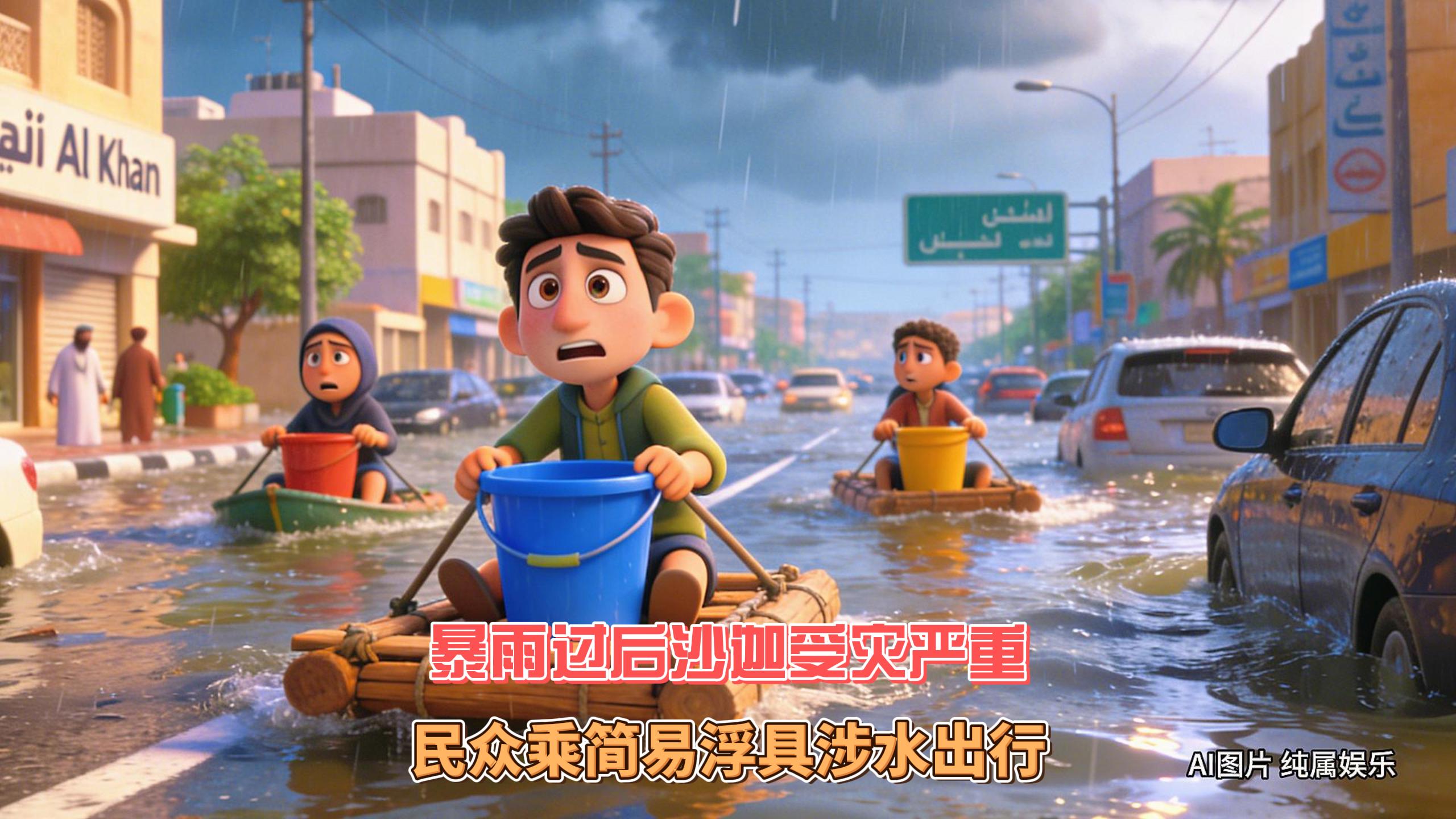 3月28日迪拜趣闻：暴雨过后沙迦受灾严重民众乘简易浮具...